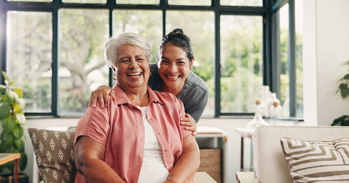 Caregiver, portrait and old woman in house with hug, trust and bonding together in assisted living. Happy, embrace and nurse in home with elderly patient, connection and support in retirement care.