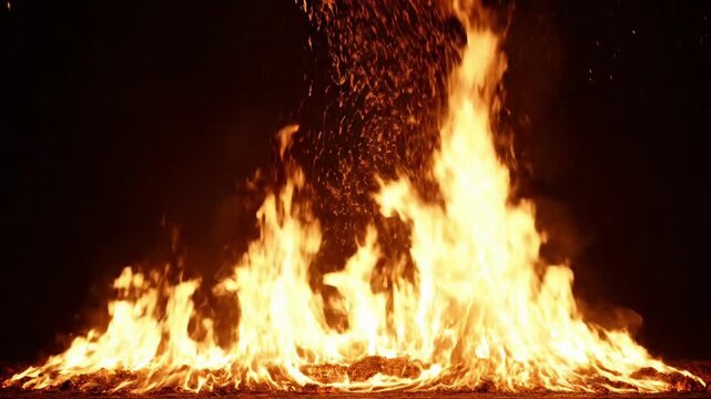 Intense flames burning brightly against a dark background.