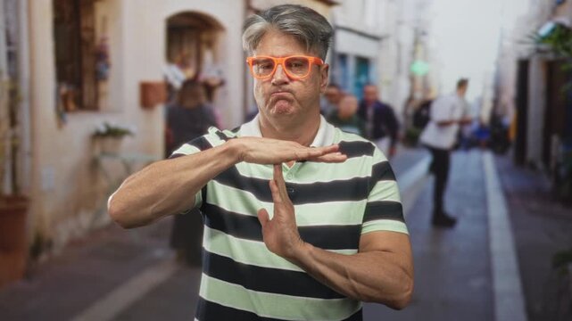 Man in striped shirt makes timeout gesture with hands, orange glasses and a neutral frown, standing on a narrow street with blurred pedestrians and buildings; pause frustration.