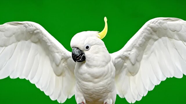 A majestic white cockatoo with its wings fully spread against a vibrant green backdrop.