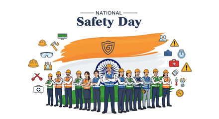 Naklejka premium People celebrating National Safety Day India on March 4 with safety symbols and icons around them.