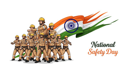 Indian workers in safety gear marching with National Safety Day banner on March 4, promoting workplace and industrial safety awareness