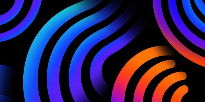 Fondo abstracto con l&iacute;neas curvas de colores ne&oacute;n azul, p&uacute;rpura y naranja sobre un fondo negro elegante y moderno para dise&ntilde;o digital creativo.