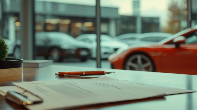 Sales contract and pen resting on a desk, with cars displayed through the window in a dealership showroom, highlighting the process of finalizing a car purchase
