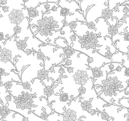 Fototapeta premium Monochrome Indian Paisley and Floral Seamless Pattern on White Background – Ethnic Textile Design
