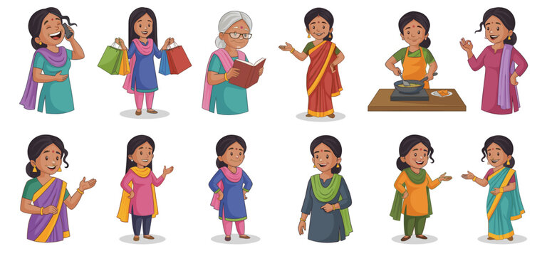 Big set of indian aunties vector characters doing different daily activities. Happy women in traditional saree and suit cooking reading shopping and talking on phone illustration.