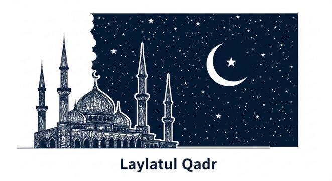 Laylatul qadr mosque under starry night sky with crescent moon