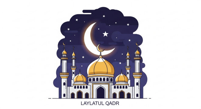 Golden mosque illustration under starry night sky with crescent moon laylatul qadr celebration