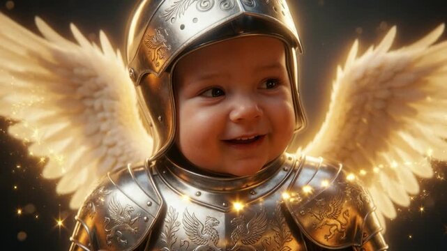 Portrait of smiling baby angel wearing shiny knight armor