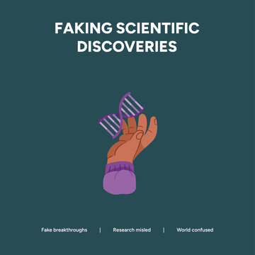 Faking scientific discoveries with a hand holding a DNA helix, illustrating research fraud and misinformation.
