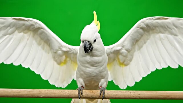 A majestic white cockatoo with its wings fully spread, perched on a wooden branch against a vibrant green screen background.