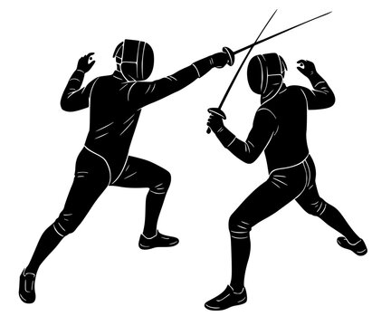Black silhouette of two fencers in parry and riposte position, athletic vector of competitive fencing sport.