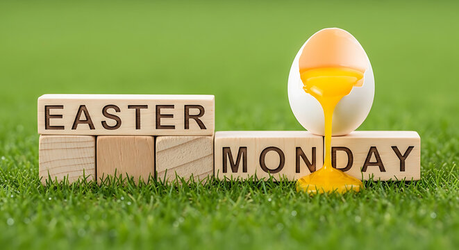 Wooden blocks spelling Easter Monday with egg and yellow liquid on grass letters