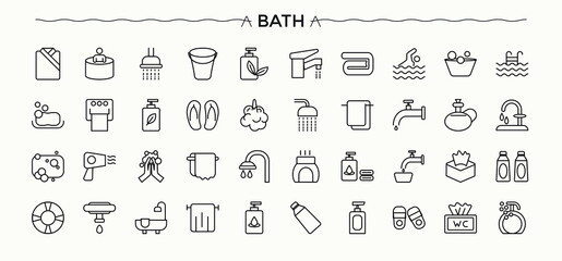 Bath icon collection. Includes symbols for wash room, bathroom, sanitary, toilet and more. Bathroom line icon set. Editable stroke vector art.
