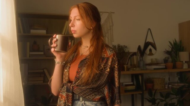 Medium shot of red haired young woman looking in window at home and drinking cup of tea enjoying warm sunlight, copy space