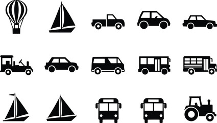 Black vector transportation icon set featuring tractor, sailboat, bus, car, pickup truck, van, bicycle, and hot air balloon silhouettes isolated on a white background. © Ariful