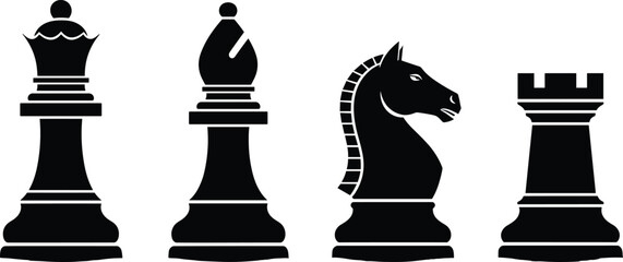 Collection of Chess Piece Silhouettes Featuring Queen Bishop Knight and Rook Icons for Strategy Gaming Competition Leadership Business Concept and Board Game Illustration Asset Set © Ariful