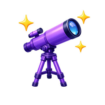 Bright purple telescope icon observing stars on transparent background