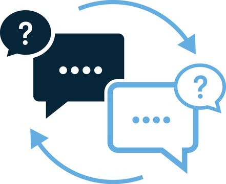 Chatbot conversation flow with question marks and speech bubbles