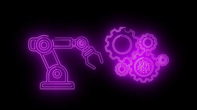 Neon-lit robotic arm and interlocking gears on a black background with purple glow.