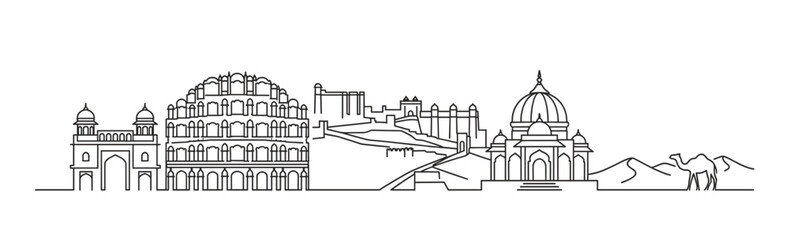 Naklejka premium Desert Rajasthan skyline vector thin line drawing with traditional Indian architecture forts palaces and sand dunes for travel and tourism panoramic graphic design.