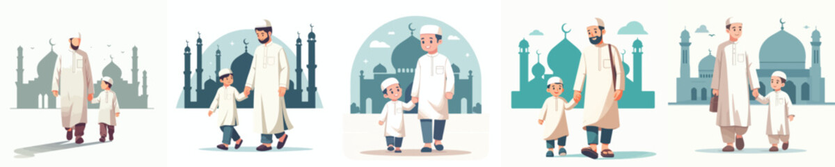 vector of a father and muslim boy walking together to the mosque