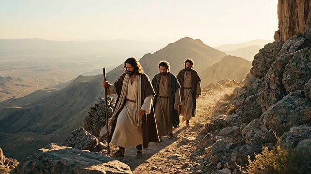 Jesus leading Peter James and John up a steep mountain trail