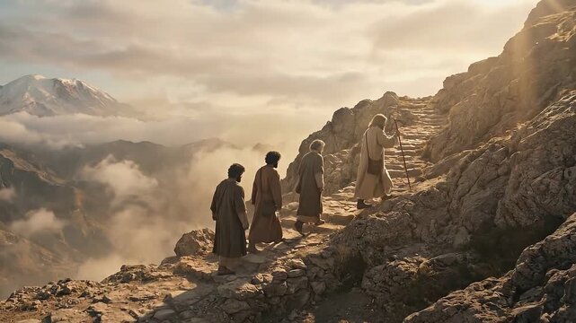 Jesus and three disciples climbing a remote rocky mountain path