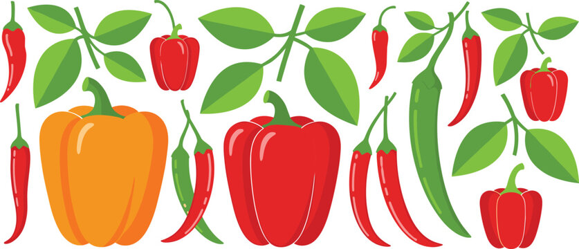 Hot chili peppers and bell peppers flat vector set with green leaves
