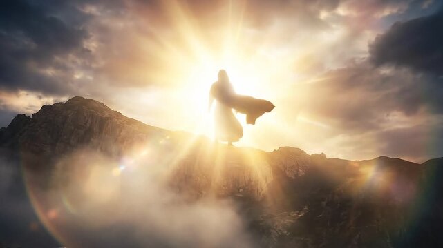 Jesus fully transfigured on a mountain summit enveloped in divine brilliance
