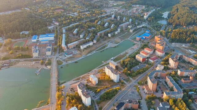 Russia, Votkinsk . City embankment. Votkinsk is a city in the Udmurt Republic. Sunset time. Drone footage
