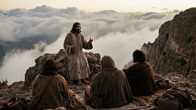 Jesus arriving at a secluded high mountain peak with disciples resting