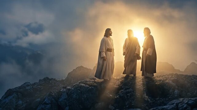 Jesus Moses and Elijah conversing in glowing radiant light on a mountain
