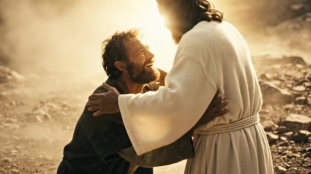 Peter stepping forward and gesturing enthusiastically toward glowing Jesus