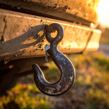 A close-up of a weathered metal hook attached to a rusty hitch