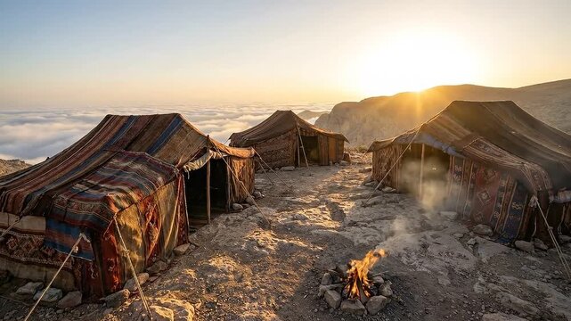 Three beautiful ancient woven tents on a mountain peak in celestial light