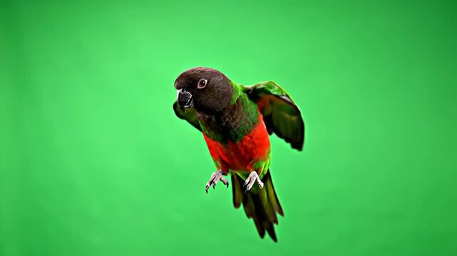 A parrot with a dark head, green wings, and red belly in flight against a green screen background.
