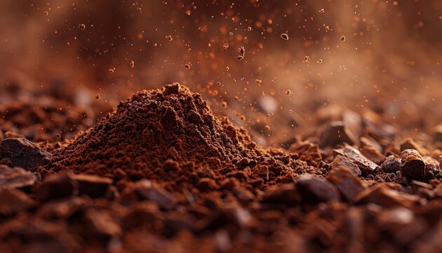 Close-up de uma pilha de cacau em p&oacute; com lascas de chocolate e uma explos&atilde;o din&acirc;mica de part&iacute;culas em tons marrons terrosos.