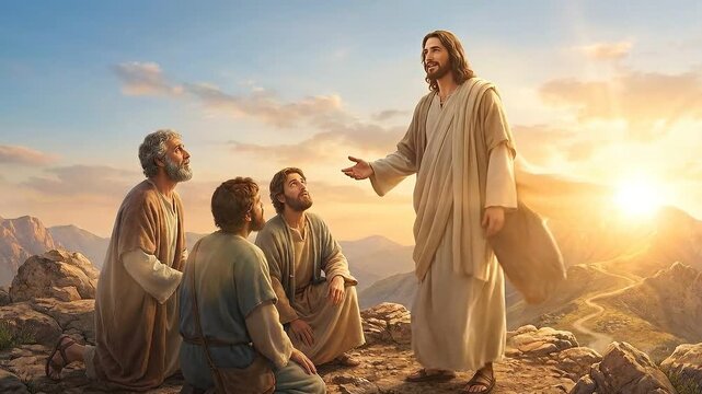 Jesus standing over his disciples encouraging them to stand up