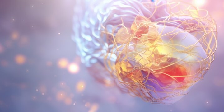 Ilustra&ccedil;&atilde;o abstrata de um c&eacute;rebro humano com conex&otilde;es neurais brilhantes representando intelig&ecirc;ncia artificial, consci&ecirc;ncia e processos cognitivos.