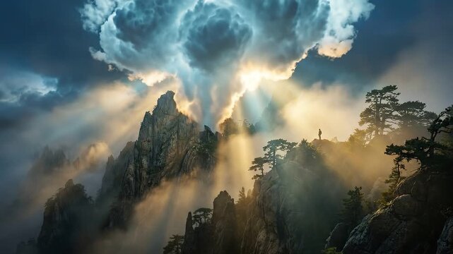 Massive glowing cloud descending on a rocky mountain peak with radiant light beams