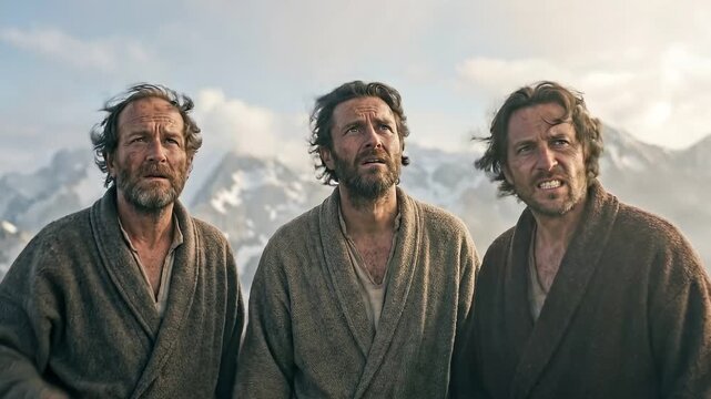 Peter James and John looking around the mountain peak in bewilderment