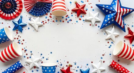 Obraz premium Party supplies and stars on white background for 4th of july celebrations