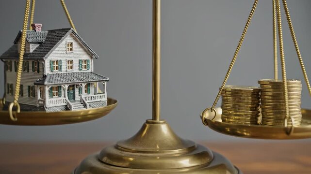 A detailed miniature house rests on one pan of a brass balance scale while stacks of gold coins occupy the other set against a grey background