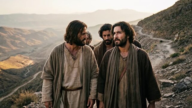 Jesus and disciples walking down the mountain trail speaking softly