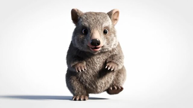 A fluffy grey-brown creature with big eyes and a black nose standing upright on a white surface casting a soft shadow