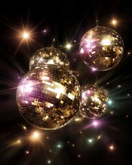 Obraz premium Sparkling Disco Dreams: A captivating scene of glistening disco balls suspended in a dark space, radiating light and energy. The scene invites viewers to experience the allure of dance.