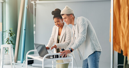 Laptop, photography and teamwork with people in studio together for feedback or production...