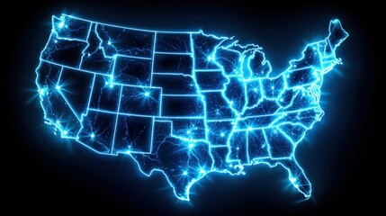 A neon-glowing outline of the United States map highlighting the country's states and key urban centers. ..Created with Generative AI, not depicting real subjects.