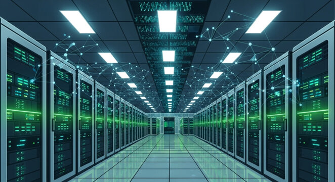 Server Room with Multiple Computer Servers.